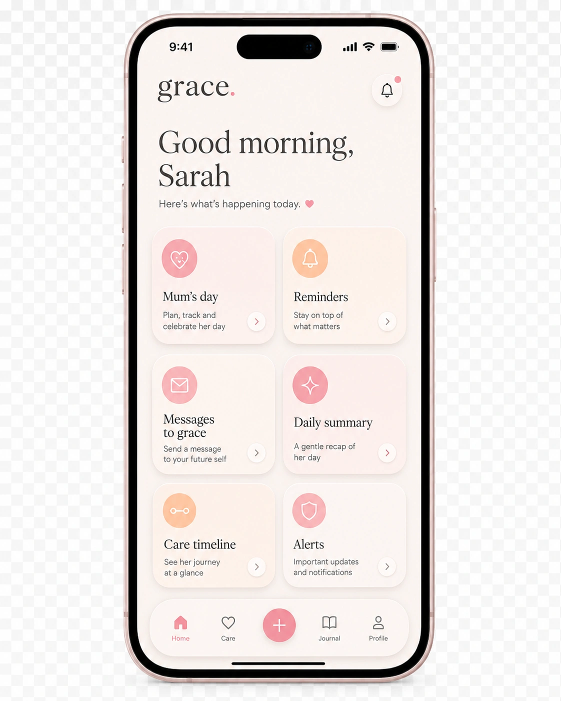 grace assistant app home screen with daily cards