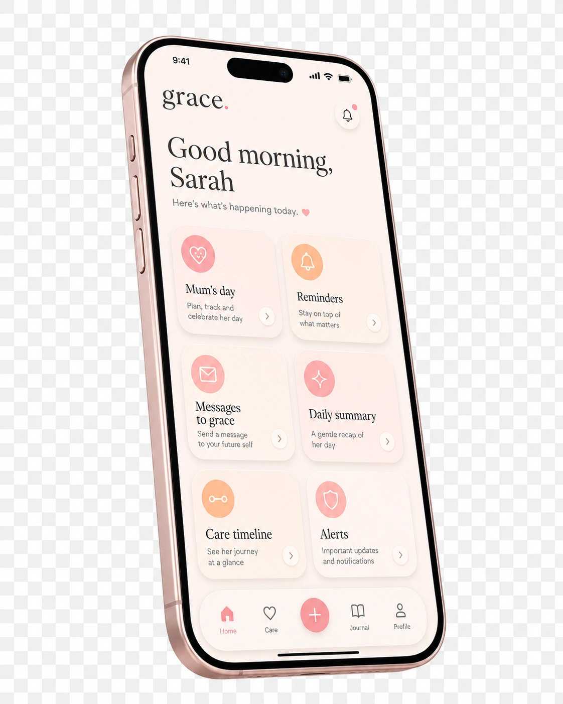 grace assistant app angled on a surface beside the grace hub
