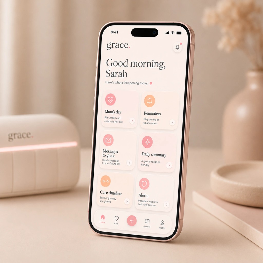 grace assistant app home screen on a phone beside the grace hub