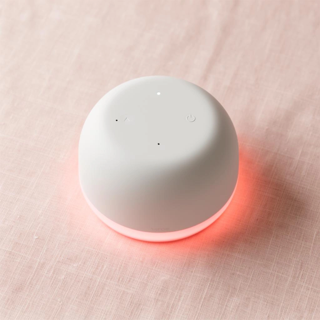 grace hub glowing softly on a bedside table beside pink roses