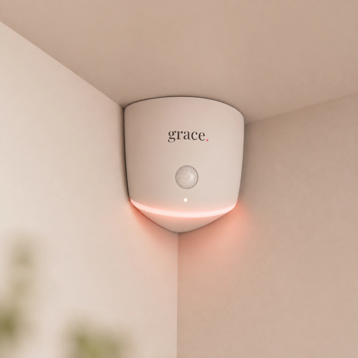 petal — grace room presence sensing radar mounted in corner with warm pink halo