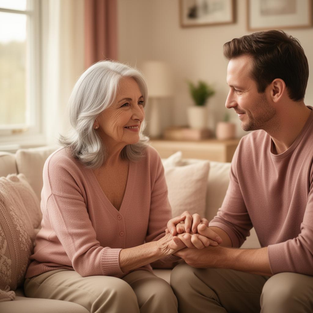 An elderly mother sitting with her adult son at home, holding hands warmly